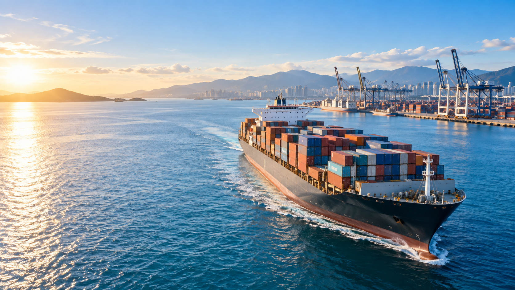 Loaded container vessel underway at sunrise past a container terminal with gantry cranes and a city skyline