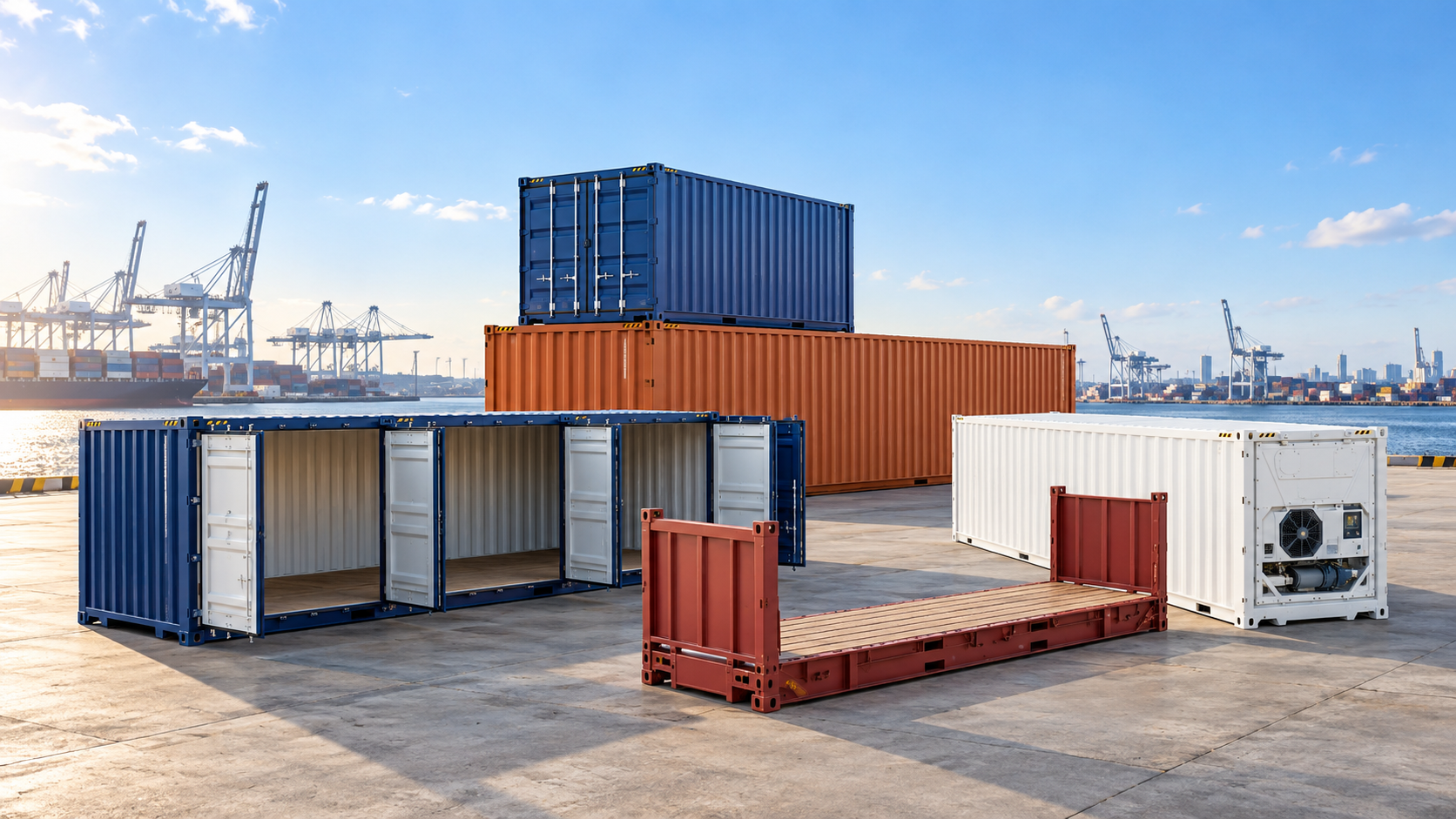 Container yard with long rows of shipping containers and a yellow gantry crane at the loading apron